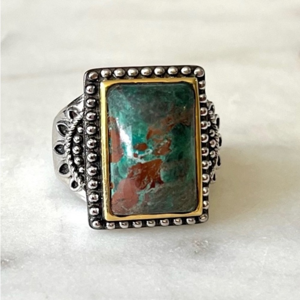 Green Turquoise Cushion KHR India Sterling Silver Ring